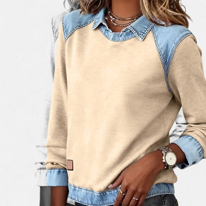 Sudadera de Denim Cómoda con Cuello en Capas para Mujeres, Manga Larga, Estilo Casual a Rayas