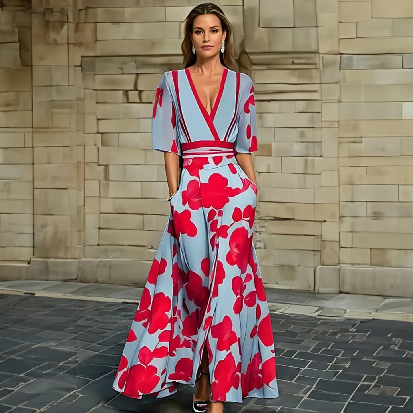Jumpsuit Floral Azul Elegante para Mujeres con Cuello en V Cruzado, Mangas de Codo y Piernas Anchas con Cinturón