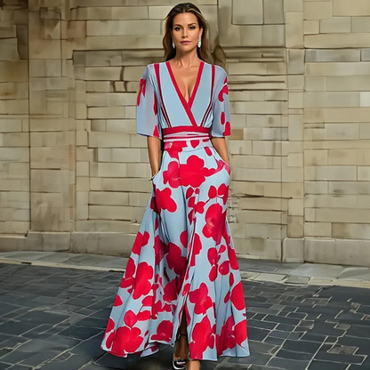 Jumpsuit Floral Azul Elegante para Mujeres con Cuello en V Cruzado, Mangas de Codo y Piernas Anchas con Cinturón