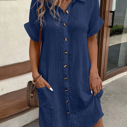 Vestido Camisero de Gasa de Algodón Sin Esfuerzo para Mujeres con Cuello, Manga Corta y Botones, Estilo Relajado