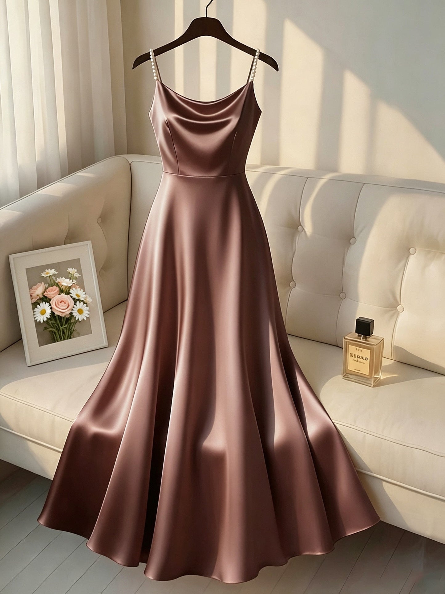 Elegante Vestido Maxi de Satén para Mujeres con Cuello Cowl y Tirantes de Perlas para Estilo Formal de Invitada de Boda