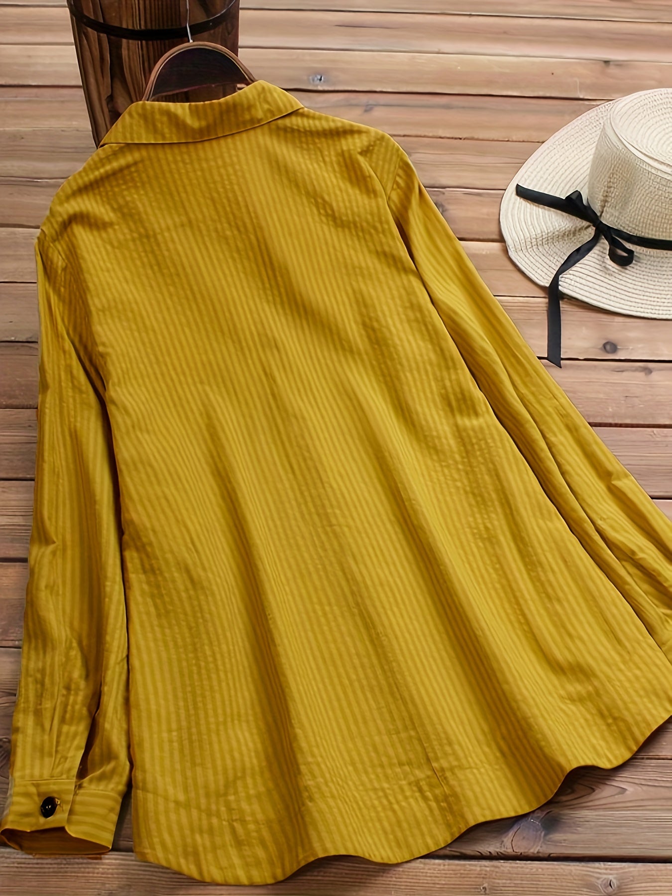 Blusa Rayada Sin Esfuerzo para Mujeres con Cuello, Manga Larga, Botones Lateral, Estilo Relajado