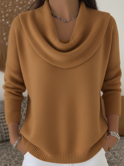 Suéter de Punto Acanalado Cómodo para Mujeres con Cuello de Capucha, Manga Larga y Dobladillo Curvado en Estilo Casual