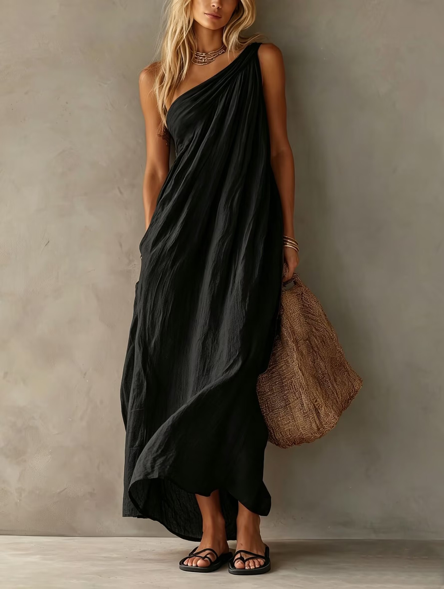 Vestido Maxi de Lino Sin Esfuerzo para Mujeres con Un Hombro Drapado y Estilo Bohemio Fluyente