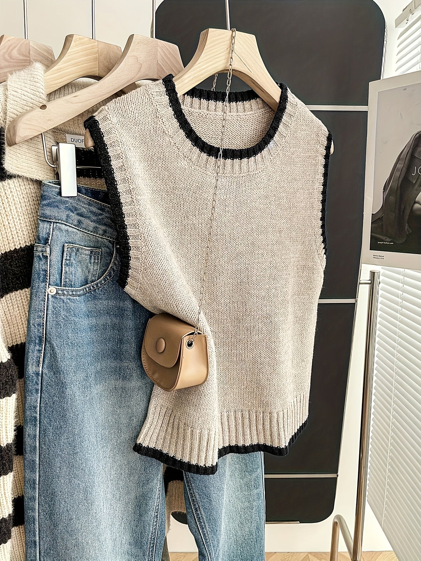 Chaleco de Suéter de Contraste Cómodo para Mujeres con Cuello Redondo, Sin Mangas, dobladillo Acanalado, Estilo Oversized