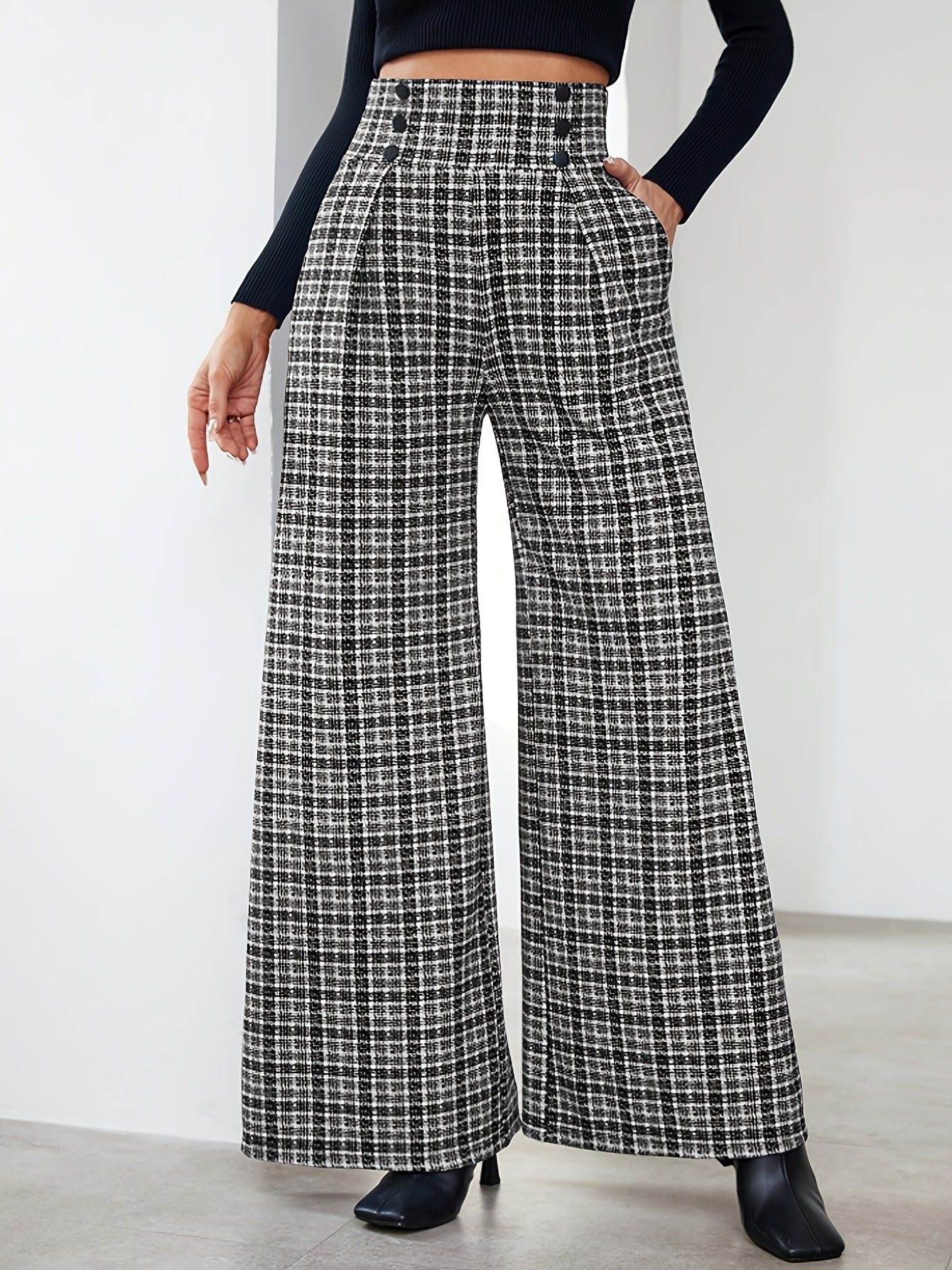 Pantalones Anchos de Tweed a Cuadros Elegantes para Mujeres con Cintura Alta y Frente de Botones con Pliegues Estilo Relajado