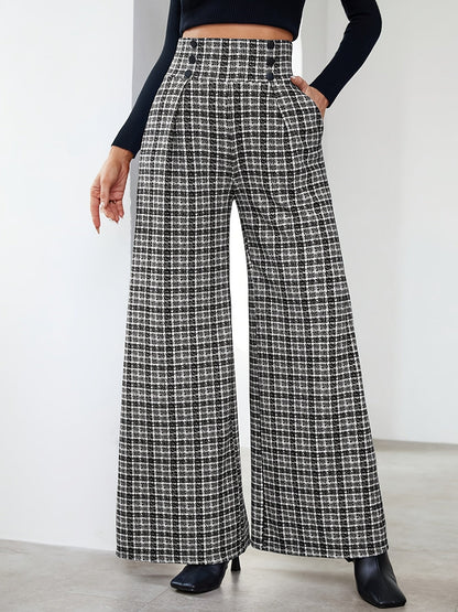 Pantalones Anchos de Tweed a Cuadros Elegantes para Mujeres con Cintura Alta y Frente de Botones con Pliegues Estilo Relajado