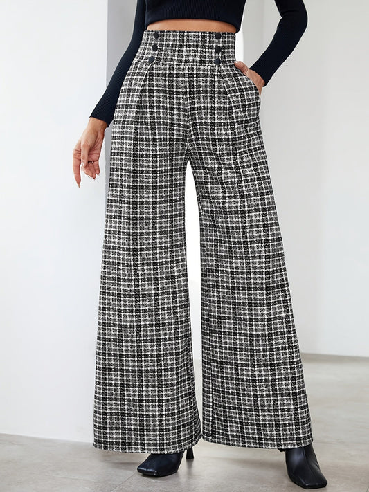 Pantalones Anchos de Tweed a Cuadros Elegantes para Mujeres con Cintura Alta y Frente de Botones con Pliegues Estilo Relajado