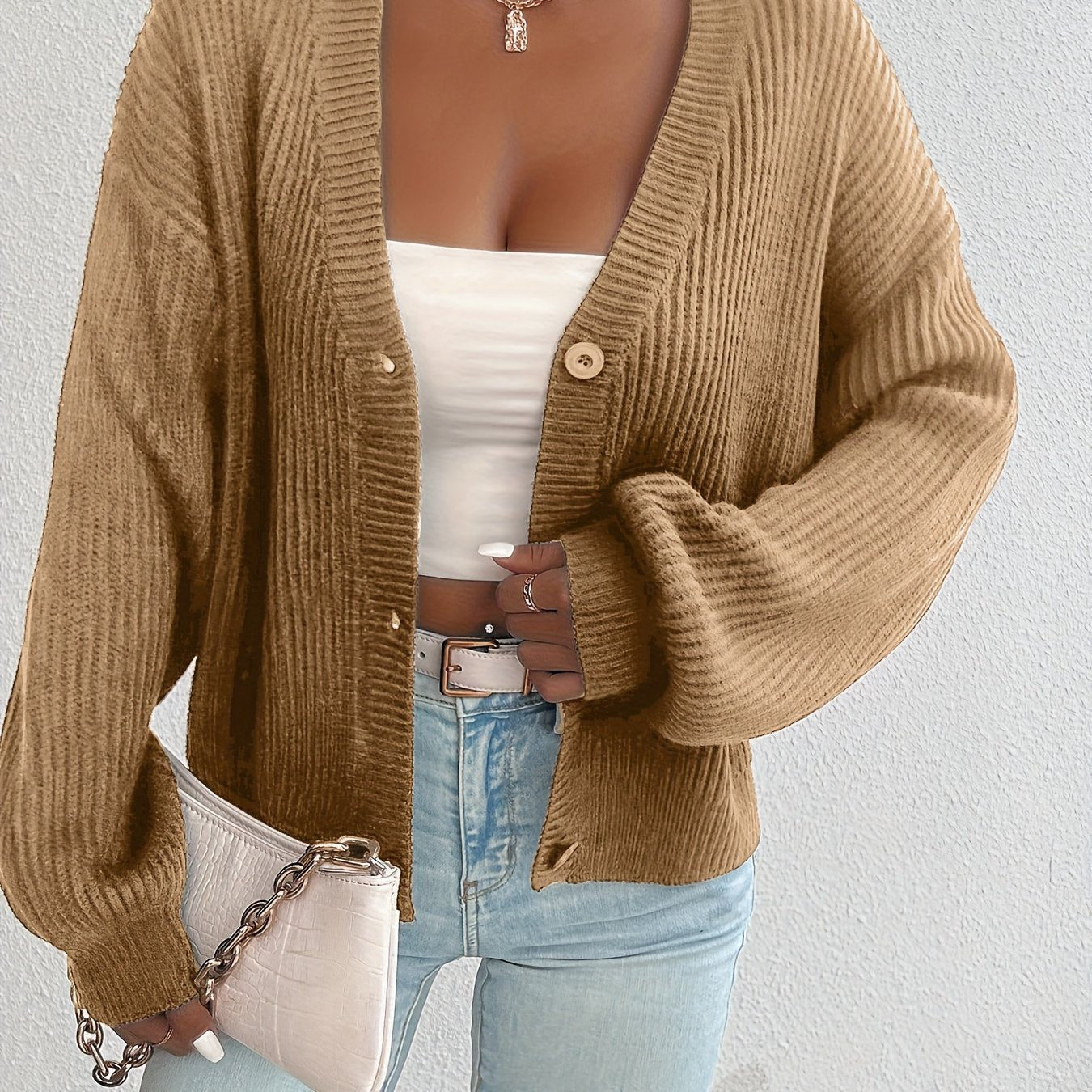 Cárdigan de Punto Acanalado Cómodo para Mujeres con Cuello en V, Manga Larga, Botones en la Parte Frontal, Estilo Oversized y Relajado