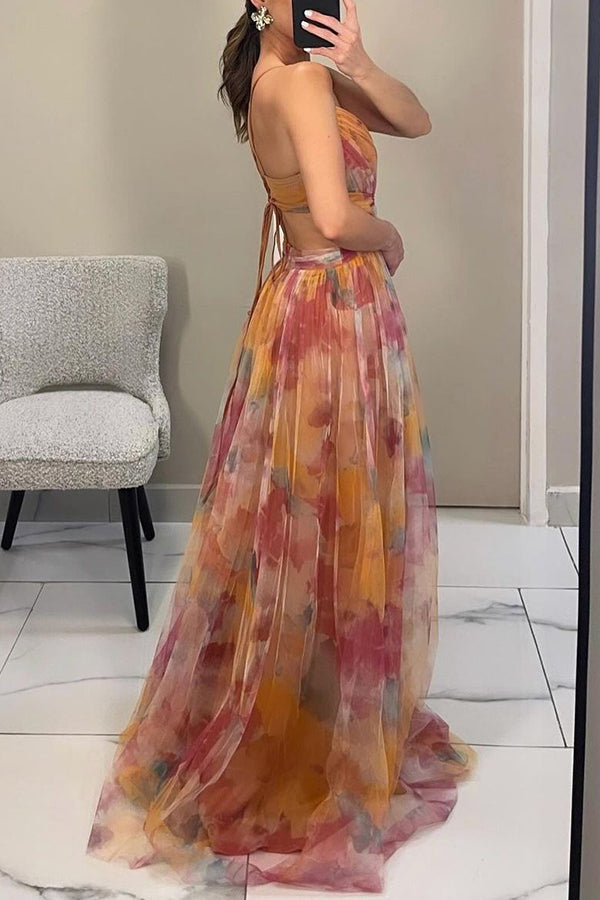 Elegante Vestido Maxi Floral Acuarela para Mujeres con Escote en V Sin Mangas y Cintura Envueltada, Estilo Formal para Invitadas de Boda