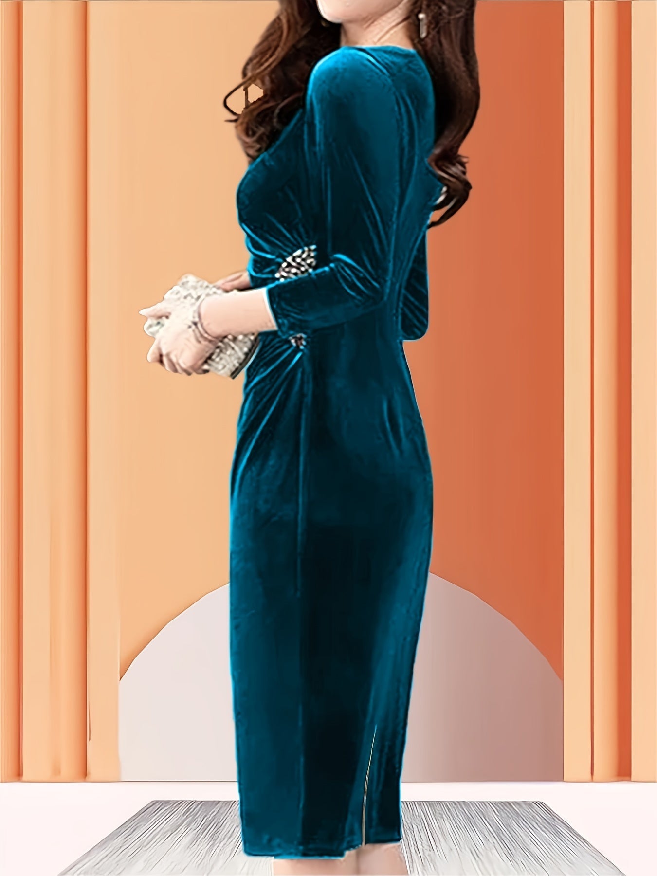 Vestido Midi de Terciopelo Elegante para Mujeres con Cuello Redondo, Manga de Codo, Cuerpo Ajustado con Detalles Fruncidos y Apliques de Perlas para Cócteles