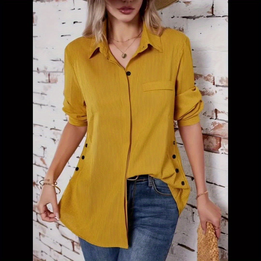 Blusa Rayada Sin Esfuerzo para Mujeres con Cuello, Manga Larga, Botones Lateral, Estilo Relajado