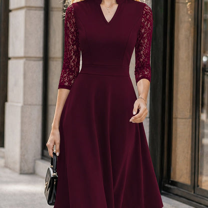 Vestido Midi Elegante con Encaje para Mujeres con Cuello en V Notch y Mangas Tres Cuartos, Estilo Fit and Flare para Cócteles