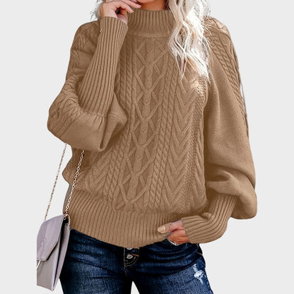 Suéter de Punto Trenzado Cómodo para Mujeres con Cuello Alto, Mangas Globo y Estilo Oversized Relajado