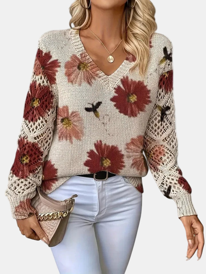 Suéter de Ganchillo Floral Cómodo para Mujeres con Cuello en V y Mangas de Globo, Estilo Oversized