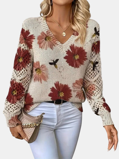 Suéter de Ganchillo Floral Cómodo para Mujeres con Cuello en V y Mangas de Globo, Estilo Oversized