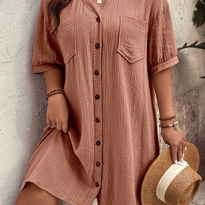 Vestido Camisero de Algodón Texturizado Sin Esfuerzo para Mujeres con Cuello en V, Manga Corta y Botones, Estilo Casual Relajado