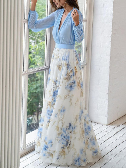 Elegante Vestido Maxi Floral Azul para Mujeres con Escote en V y Mangas Obispo, Estilo de Invitada de Boda Fluyente