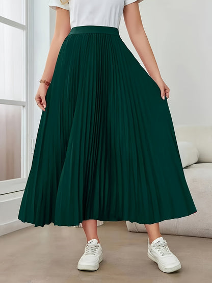 Elegante Falda Maxi Plisada Verde Oscuro para Mujeres con Cintura Alta Estilo A Linea Fluida