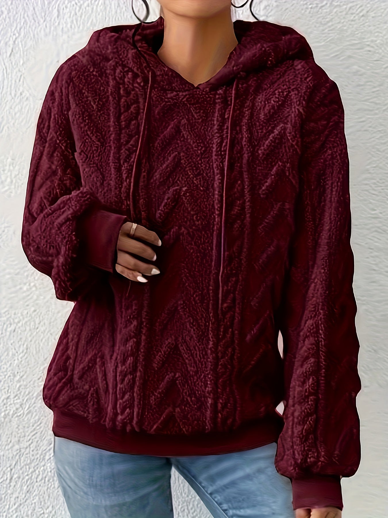Sudadera de Forro Polar de Punto Trenzado Cómoda para Mujeres con Capucha Ajustable, Manga Larga, Estilo Oversized y Acogedor
