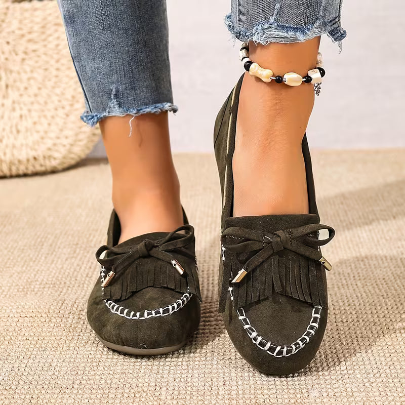 Zapatos de Casa Cómodos para Mujeres con Moño de Flecos Estilo Mocasín Sin Cordones
