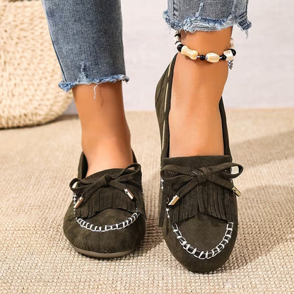 Zapatos de Casa Cómodos para Mujeres con Moño de Flecos Estilo Mocasín Sin Cordones