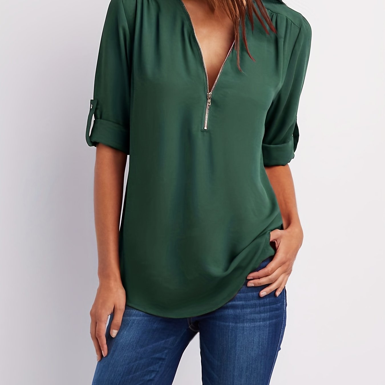 Blusa Frontal con Cremallera Sin Esfuerzo para Mujeres con Cuello en V y Manga con Tabulador, Estilo Túnica Relajada