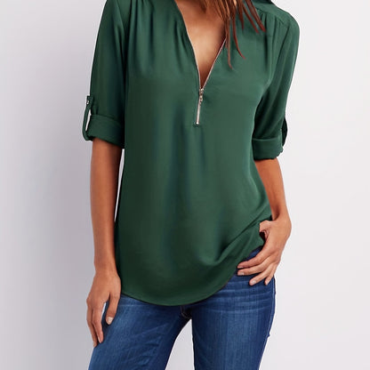 Blusa Frontal con Cremallera Sin Esfuerzo para Mujeres con Cuello en V y Manga con Tabulador, Estilo Túnica Relajada