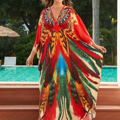Elegante Kaftán Maxi de Impresión de Plumas Multicolor para Mujeres con Cuello en V y Manga Murciélago Adornada en Estilo Fluido