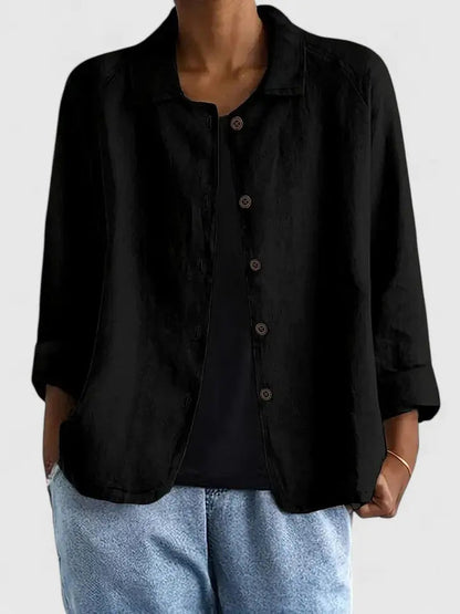 Camisa de Lino con Botones Frontal para Mujeres, Estilo Casual Relajado con Cuello y Manga Larga