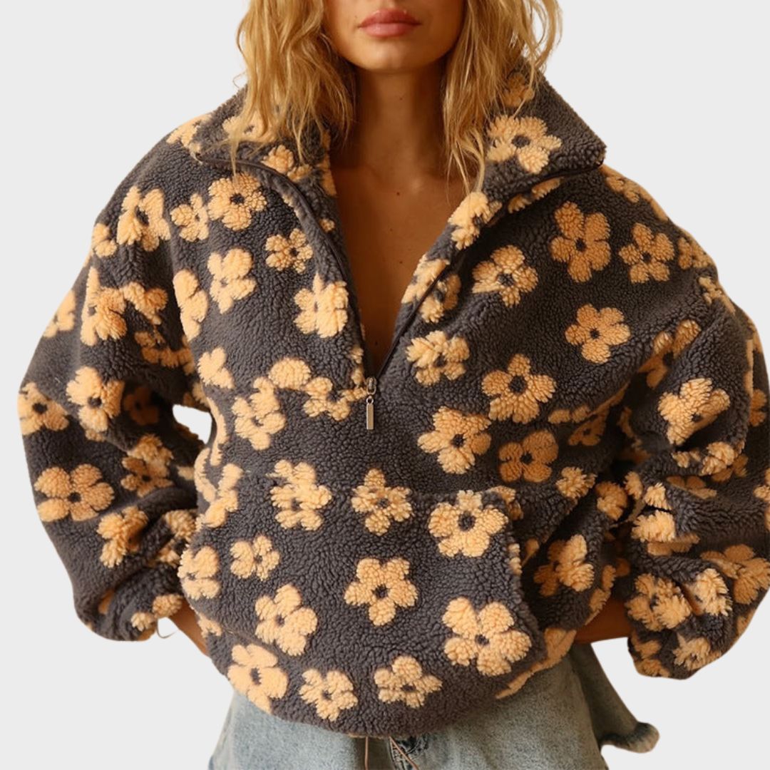 Suéter de Sherpa Floral Cómodo para Mujeres con Cuello, Cierre de Cremallera de Cuarto, Manga Larga y Estilo Oversized