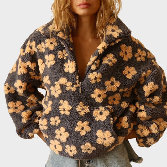 Suéter de Sherpa Floral Cómodo para Mujeres con Cuello, Cierre de Cremallera de Cuarto, Manga Larga y Estilo Oversized
