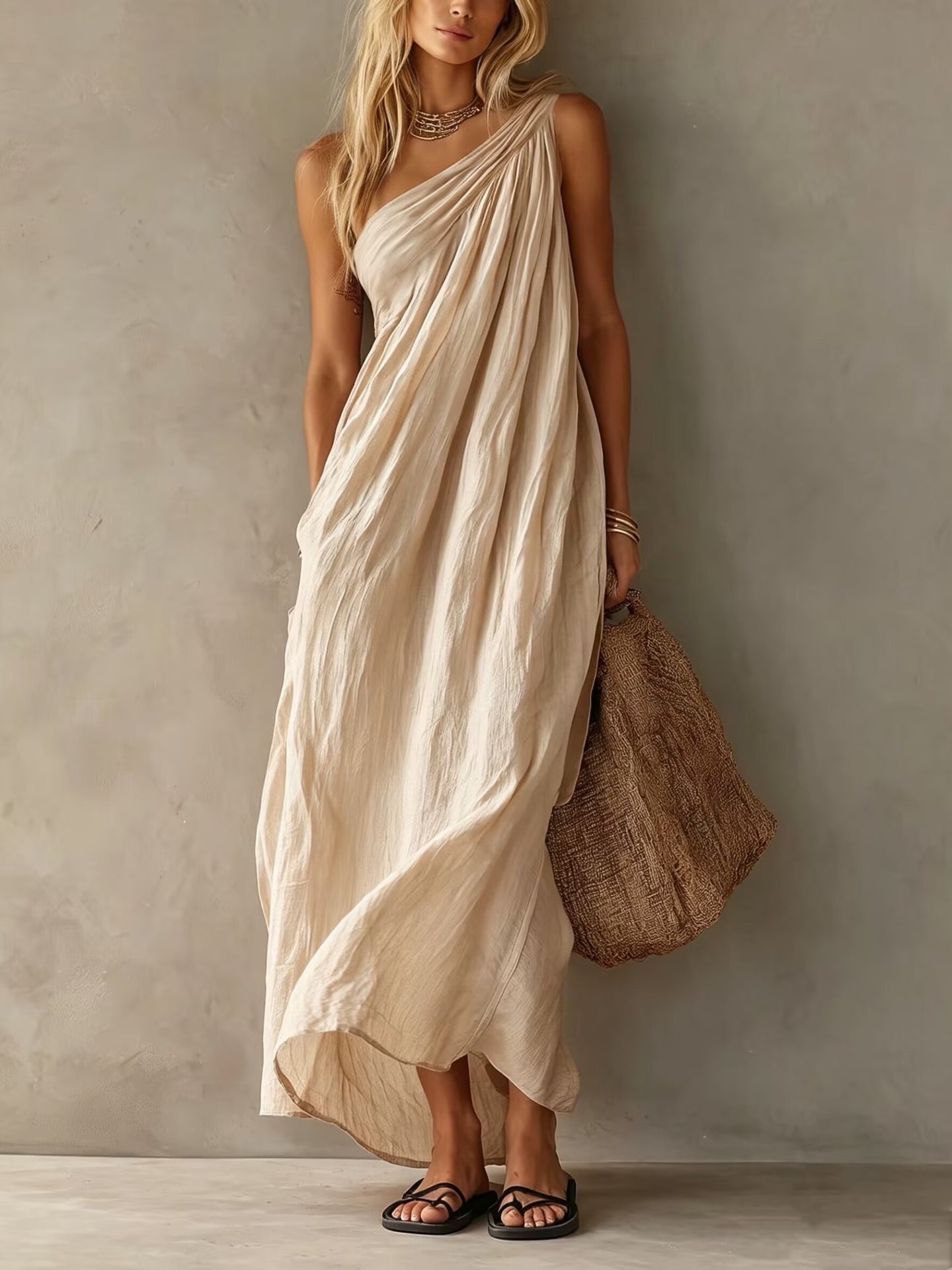 Vestido Maxi de Lino Sin Esfuerzo para Mujeres con Un Hombro Drapado y Estilo Bohemio Fluyente