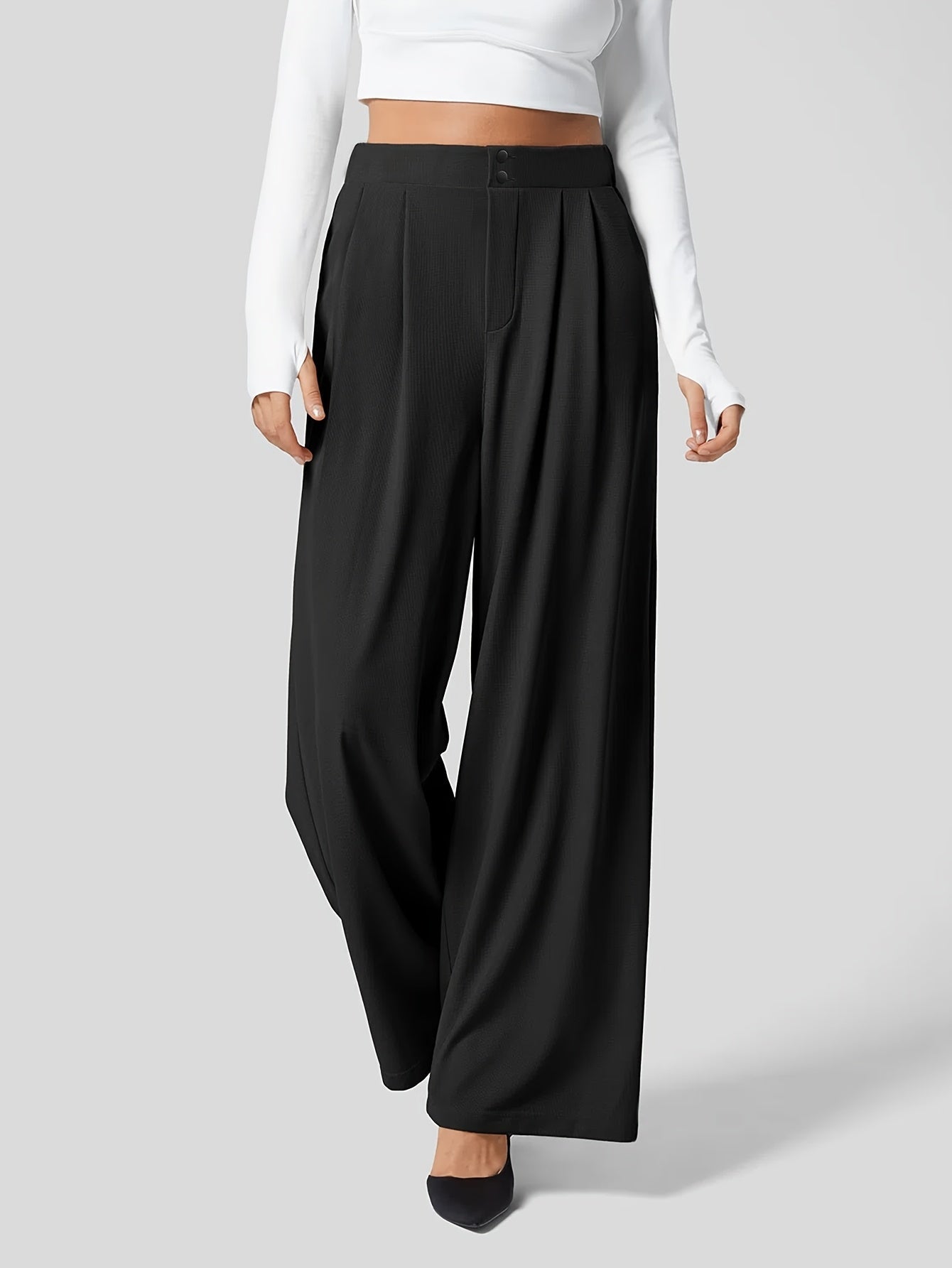 Pantalones Elegantes de Pierna Ancha en Caqui para Mujeres con Cintura Alta, Plisados y Estilo Ajustado