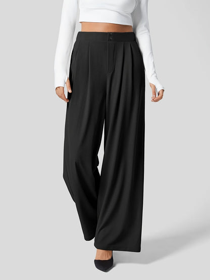 Pantalones Elegantes de Pierna Ancha en Caqui para Mujeres con Cintura Alta, Plisados y Estilo Ajustado