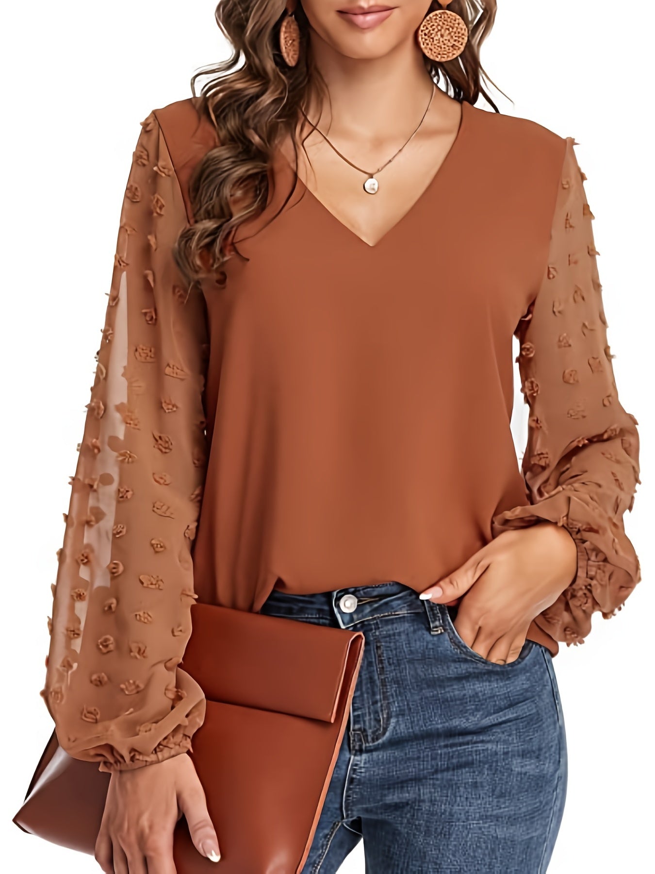 Blusa de Puntos Suizos sin Esfuerzo para Mujeres con Cuello en V y Manga Obispo de Chifón Texturizado Estilo Casual