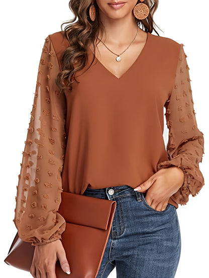 Blusa de Puntos Suizos sin Esfuerzo para Mujeres con Cuello en V y Manga Obispo de Chifón Texturizado Estilo Casual