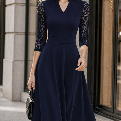 Vestido Midi Elegante con Encaje para Mujeres con Cuello en V Notch y Mangas Tres Cuartos, Estilo Fit and Flare para Cócteles
