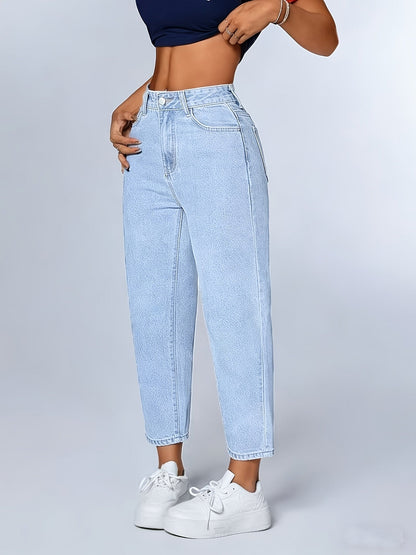 Jeans Mom Relajados en Azul Claro para Mujeres con Cintura Alta y Dobladillo Ajustado