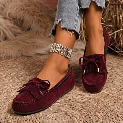 Zapatos de Casa Cómodos para Mujeres con Moño de Flecos Estilo Mocasín Sin Cordones