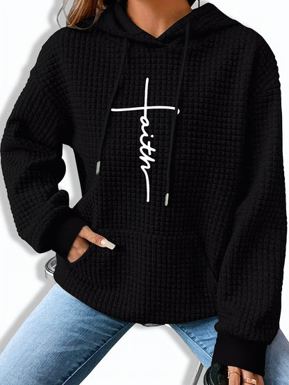 Sudadera gráfica de punto waffle cómoda para mujeres con capucha ajustable, de manga larga y estilo oversized