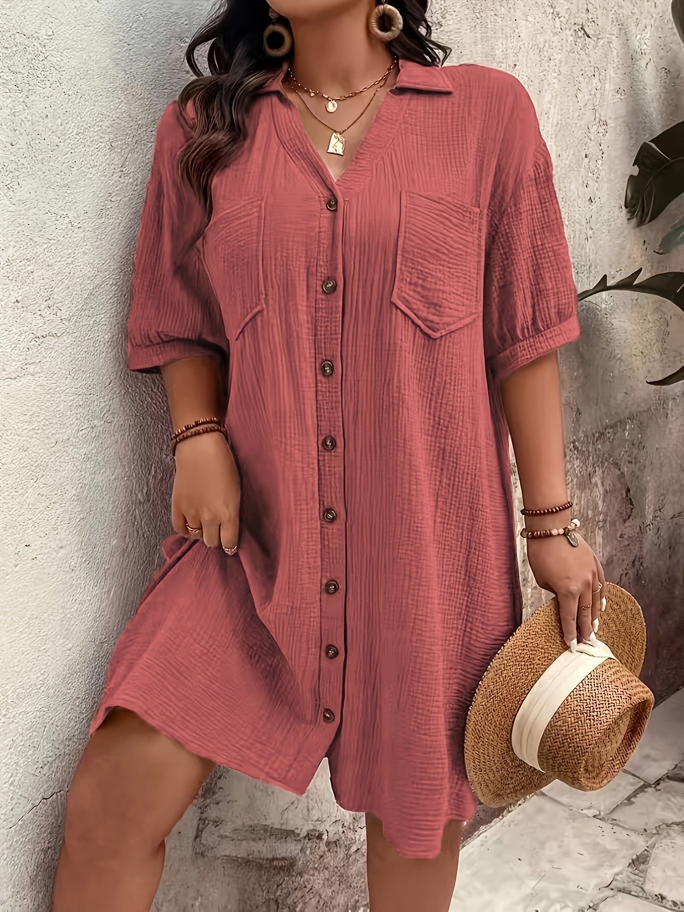 Vestido Camisero de Algodón Texturizado Sin Esfuerzo para Mujeres con Cuello en V, Manga Corta y Botones, Estilo Casual Relajado