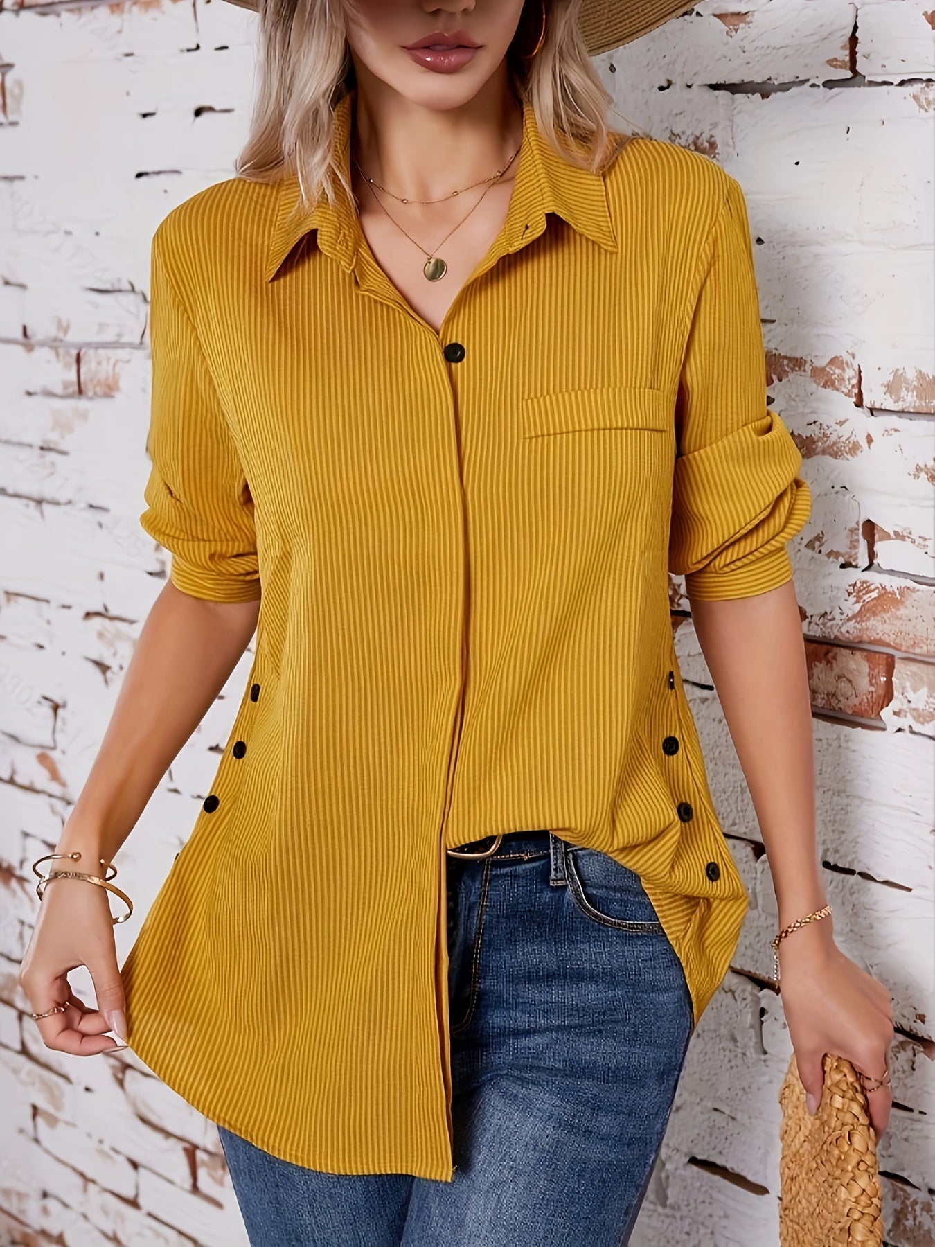 Blusa Rayada Sin Esfuerzo para Mujeres con Cuello, Manga Larga, Botones Lateral, Estilo Relajado