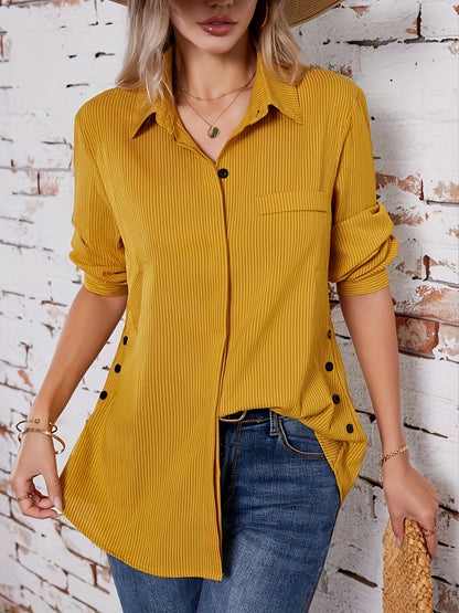 Blusa Rayada Sin Esfuerzo para Mujeres con Cuello, Manga Larga, Botones Lateral, Estilo Relajado