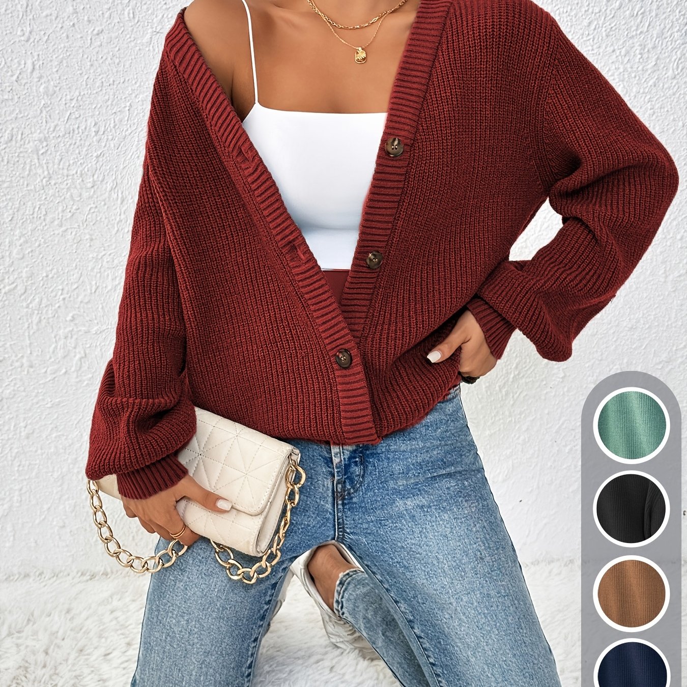 Cárdigan de Punto Acanalado Cómodo para Mujeres con Cuello en V, Mangas Globo, Botones en la Parte Frontal y Estilo Oversized