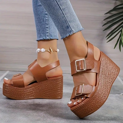 Sandalias de cuña cómodas marrones para mujeres con tiras dobles y plataforma de esparto, estilo abierto