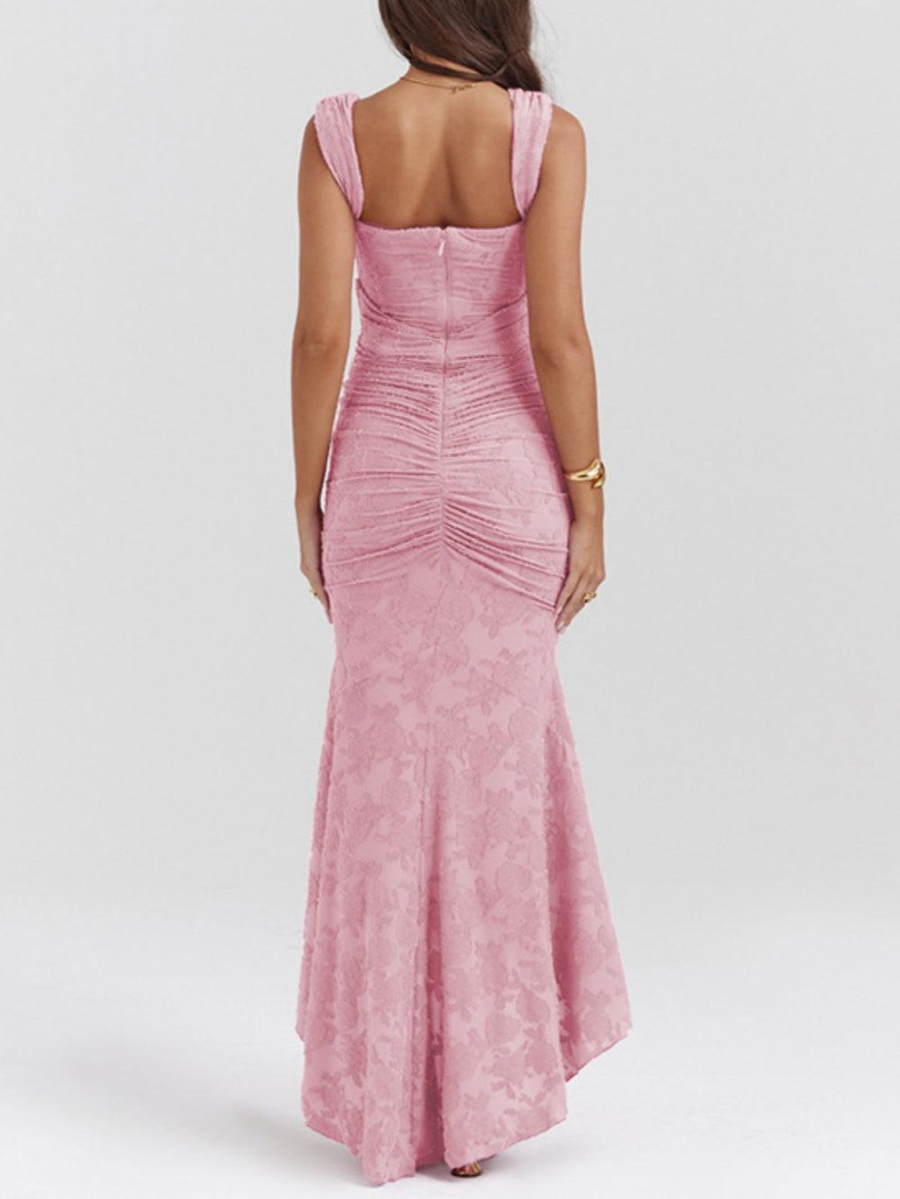 Vestido de Sirena Elegante de Encaje para Mujeres con Escote Cuadrado, Sin Mangas, Corsé, y Detalles Fruncidos para Invitadas a Bodas