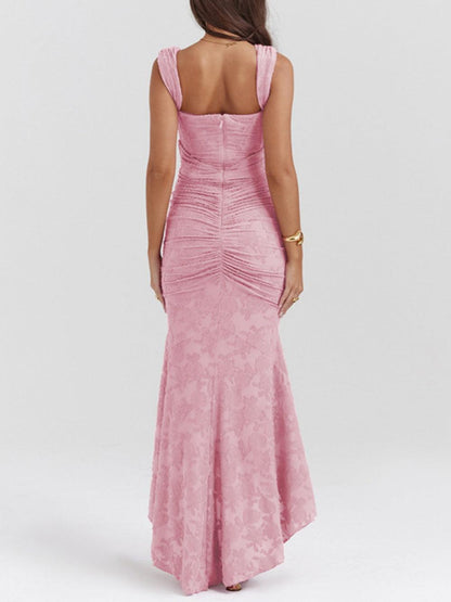 Vestido de Sirena Elegante de Encaje para Mujeres con Escote Cuadrado, Sin Mangas, Corsé, y Detalles Fruncidos para Invitadas a Bodas