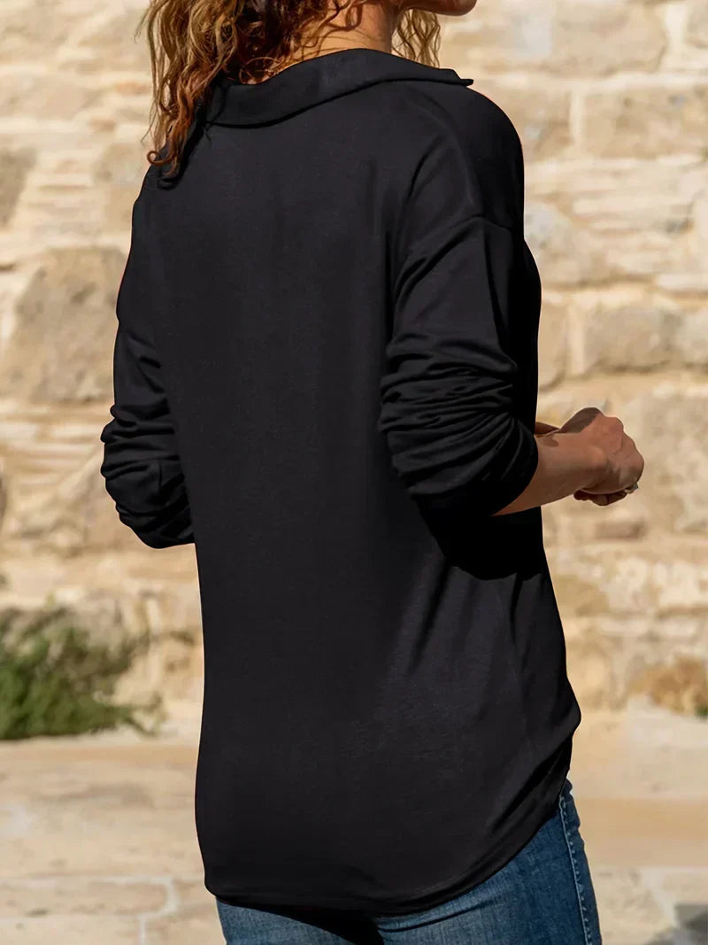 Camisa Polo de Punto Jaspeado sin Esfuerzo para Mujeres con Cuello, Manga Larga y Cierre de Cuarto Casual