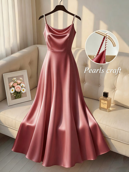 Elegante Vestido Maxi de Satén para Mujeres con Cuello Cowl y Tirantes de Perlas para Estilo Formal de Invitada de Boda